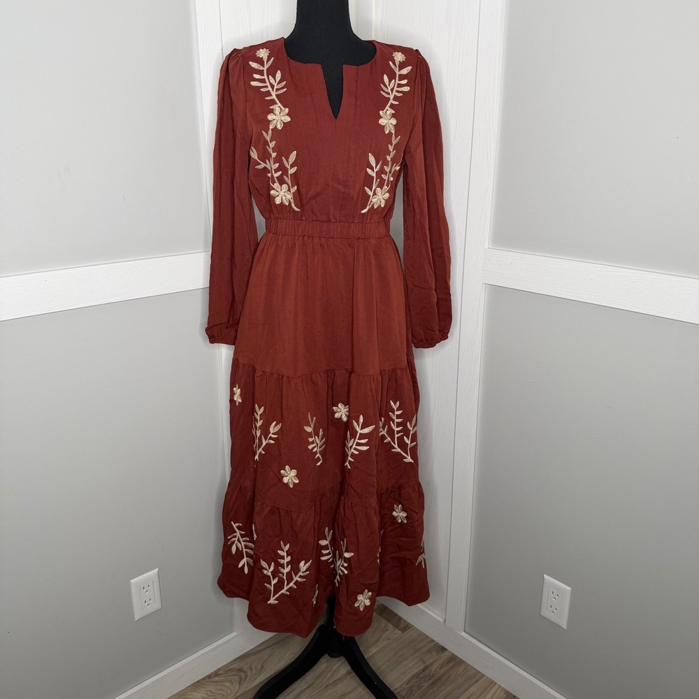 Hayden Los Angeles Maxi Dress Women Small Rust Red Floral Embroidered HY8857